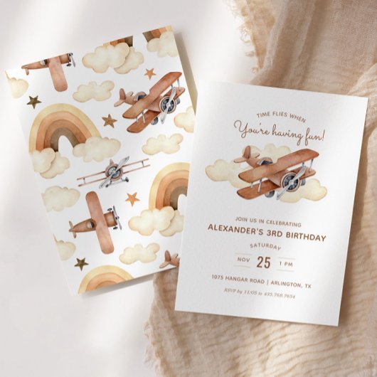 ヴィンテージ航空機バイプレーンボーイズバースデーパーティー 招待状