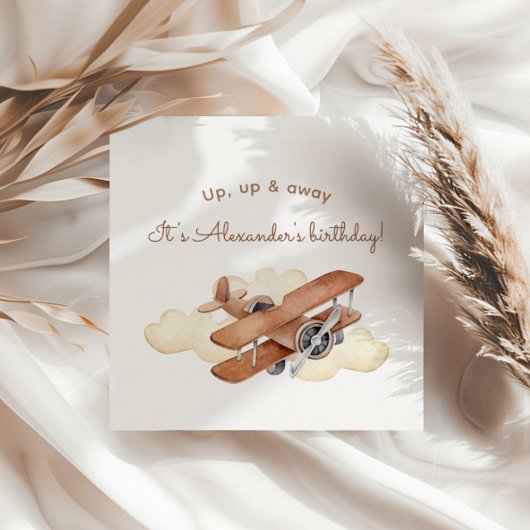ヴィンテージ航空機バイプレーンボーイ誕生日 スタンダードカクテルナプキン