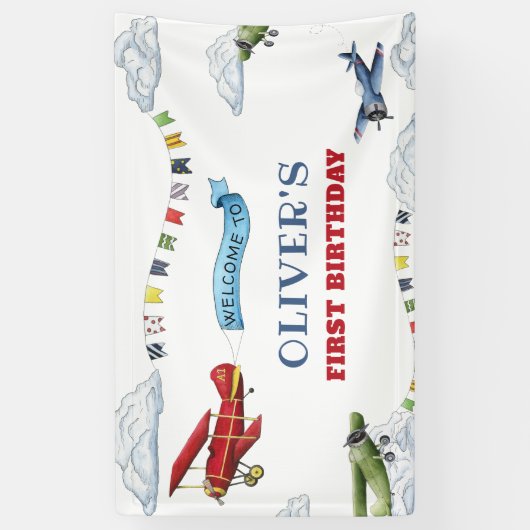 ヴィンテージ航空機最初の誕生日ウェルカムバナー 横断幕 (縦)