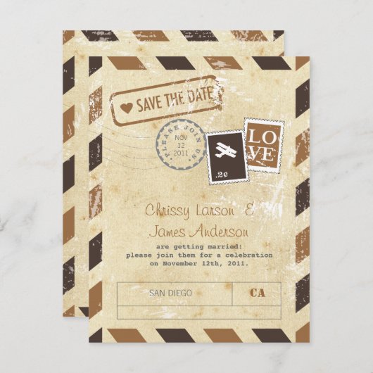 ヴィンテージ航空郵便招待状カード セーブザデート (正面/裏面)