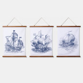 ヴィンテージ船とボート | コバルトブルーの海岸生活 吊り下げ型タペストリー (トリプル)
