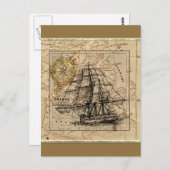 ヴィンテージ船と地図 ポストカード (正面/裏面)