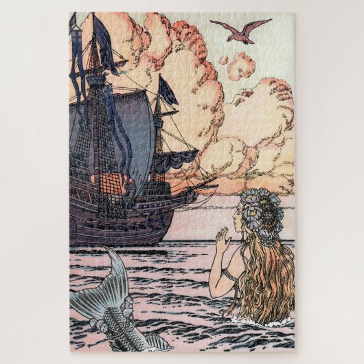 ヴィンテージ船を見て海の人魚 ジグソーパズル (縦)