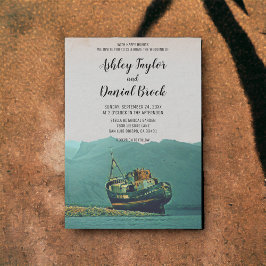 ヴィンテージ船沿岸ビーチ行先結婚式 招待状