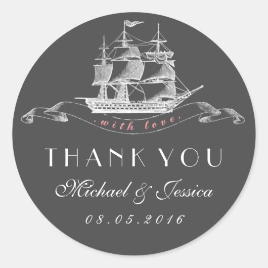 ヴィンテージ船結婚の感謝ステッカーPink Gray ラウンドシール (正面)