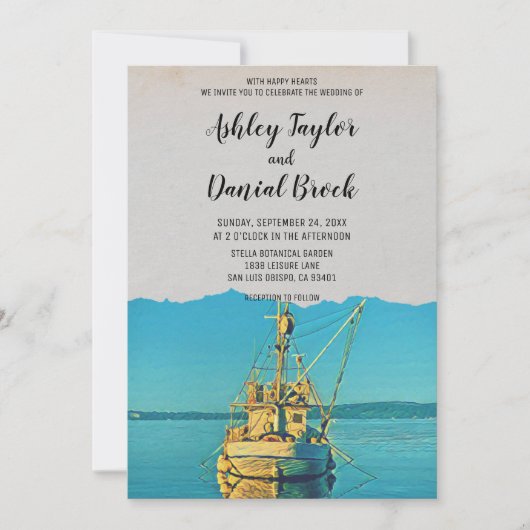 ヴィンテージ船航海の海軍の目的地の結婚式 招待状 (正面)