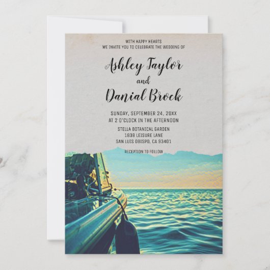 ヴィンテージ船航海の海軍の目的地の結婚式 招待状 (正面)