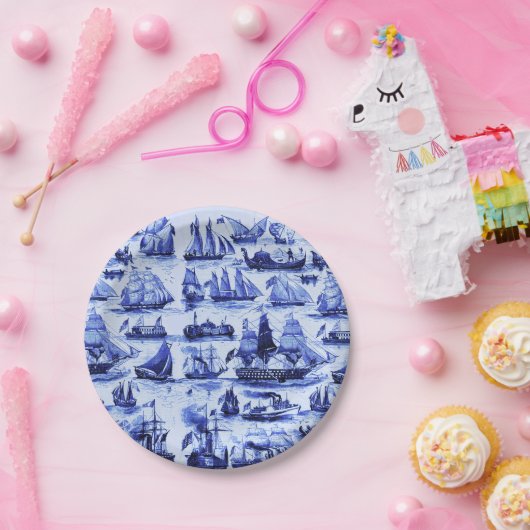 ヴィンテージ船、帆船、ネイビーブルー航海の ペーパープレート (パーティー)