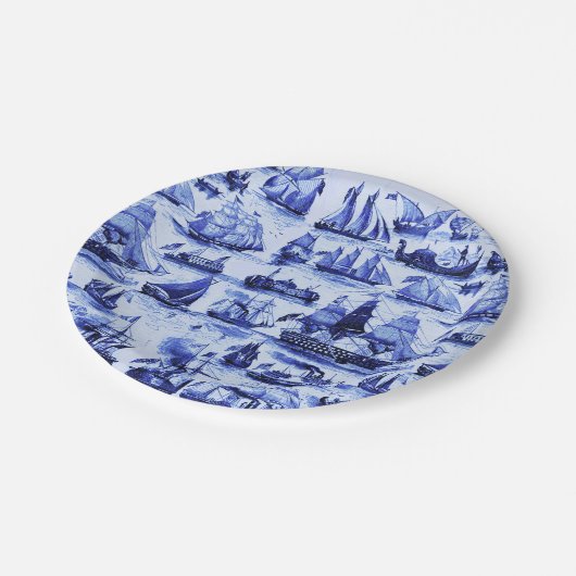 ヴィンテージ船、帆船、ネイビーブルー航海の ペーパープレート (アングル)