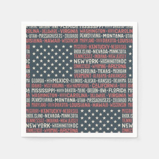 ヴィンテージ色あせたアメリカ国旗の州名ワードアート スタンダードカクテルナプキン (正面)