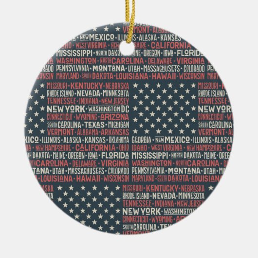 ヴィンテージ色あせたアメリカ国旗の州名ワードアート セラミックオーナメント (正面)