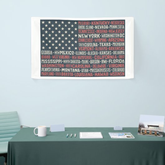ヴィンテージ色あせたアメリカ国旗の州名ワードアート 横断幕 (トレードショー)