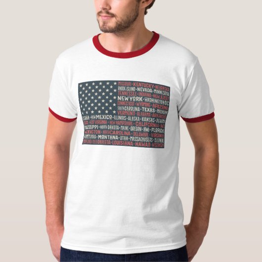 ヴィンテージ色あせたアメリカ国旗の州名ワードアート Tシャツ (正面)
