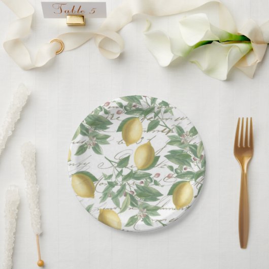 ヴィンテージ色あせたレモンブランチフランスのスクリプトフルーツ ペーパープレート (ウェディング)