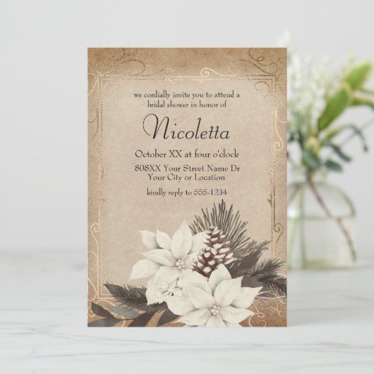 ヴィンテージ色あせた羊皮紙に冬の花 招待状 (スタンド正面)