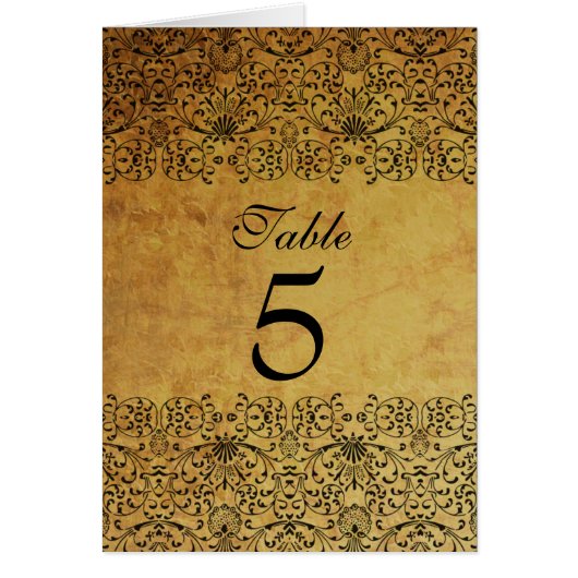 ヴィンテージ色あせた黒金ゴールドダマスク結婚式テーブルカード (正面)