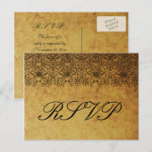 ヴィンテージ色あせた黒金ゴールドダマスク結婚式RSVPカード インビテーションポストカード (正面/裏面)