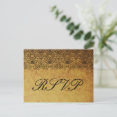 ヴィンテージ色あせた黒金ゴールドダマスク結婚式RSVPカード インビテーションポストカード (スタンド正面)