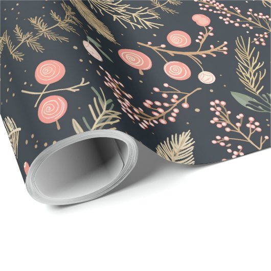 ヴィンテージ色あせた黒金ゴールドピンクオーナメント植物学 ラッピングペーパー (ロールコーナー)