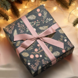 ヴィンテージ色あせた黒金ゴールドピンクオーナメント植物学 ラッピングペーパー