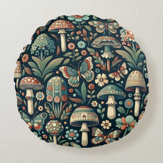 ヴィンテージ色の蝶、キノコ、葉 ラウンドクッション (正面)