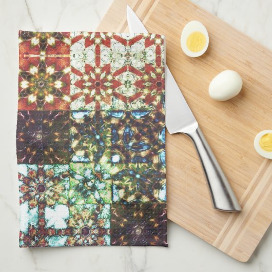 ヴィンテージ色不透明万華鏡のように千変万化するパターンモザイク キッチンタオル (四つ折り)