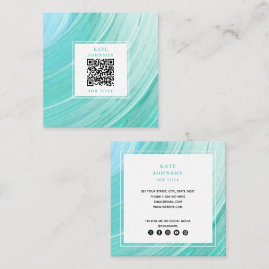 ヴィンテージ色彩の鮮やかティール（緑がかった色）抽象芸術QRコードSNS スクエア名刺 (正面/裏面)