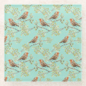 ヴィンテージ色彩の鮮やかロビン鳥模様 ガラスコースター (正面)