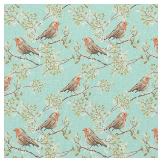 ヴィンテージ色彩の鮮やかロビン鳥模様 ファブリック (クローズアップ)