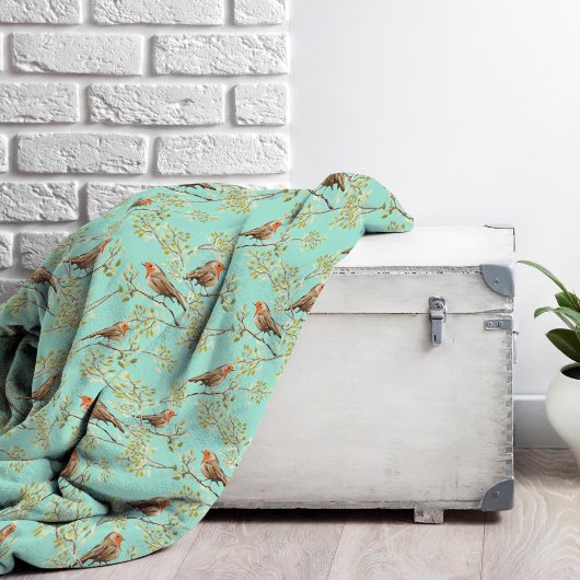 ヴィンテージ色彩の鮮やかロビン鳥模様 フリースブランケット