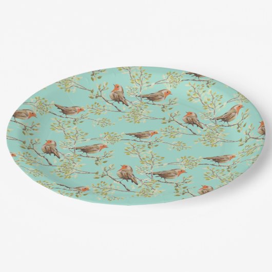 ヴィンテージ色彩の鮮やかロビン鳥模様 ペーパープレート (アングル)