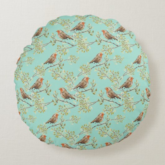 ヴィンテージ色彩の鮮やかロビン鳥模様 ラウンドクッション (正面)