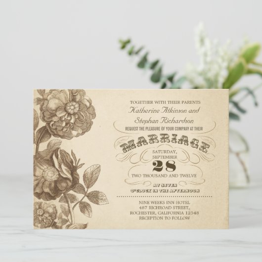 ヴィンテージ花とタイポグラフィ結婚式招待状 招待状 (スタンド正面)