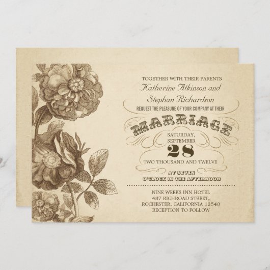 ヴィンテージ花とタイポグラフィ結婚式招待状 招待状 (正面/裏面)