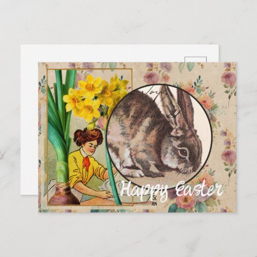 ヴィンテージ花とバニーコラージュ復活祭はがき ポストカード (正面/裏面)
