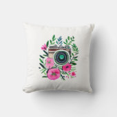 ヴィンテージ花とレトロカメラパーソナライズされた クッション (正面)