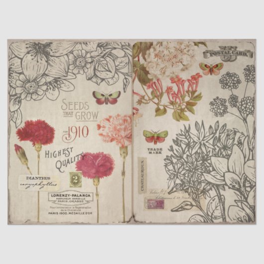 ヴィンテージ花の蛾とエフェメラのデコパージュ 薄葉紙 (正面)