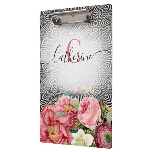 ヴィンテージ花オン白黒名とモノグラム クリップボード (左)