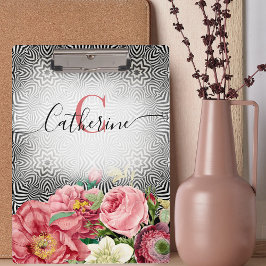 ヴィンテージ花オン白黒名とモノグラム クリップボード