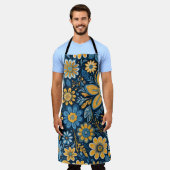 ヴィンテージ花デザインヒッピーレトロイエローブルー エプロン (着用した状態)