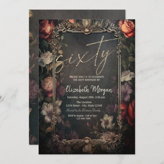 ヴィンテージ花バラゴシック60誕生日 招待状 (正面/裏面)