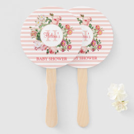 ヴィンテージ花ピンクのストライプ花モノグラム赤ちゃんシャワー ハンドファン