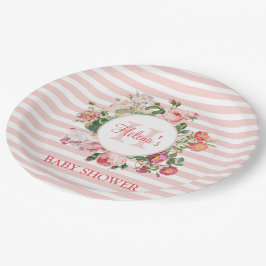 ヴィンテージ花ピンクのストライプ花モノグラム赤ちゃんシャワー ペーパープレート