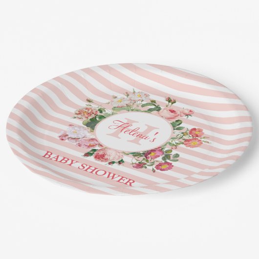 ヴィンテージ花ピンクのストライプ花モノグラム赤ちゃんシャワー ペーパープレート (アングル)