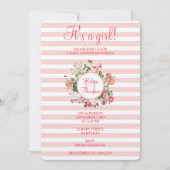 ヴィンテージ花ピンクストライプの赤ちゃんシャワー赤ちゃん女の子 招待状 (正面)