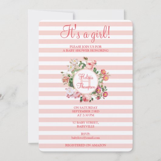 ヴィンテージ花ピンクストライプの赤ちゃんシャワー赤ちゃん女の子 招待状 (正面)