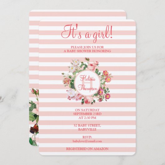 ヴィンテージ花ピンクストライプの赤ちゃんシャワー赤ちゃん女の子 招待状 (正面/裏面)