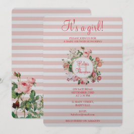 ヴィンテージ花ピンクストライプの赤ちゃんシャワー赤ちゃん女の子 招待状