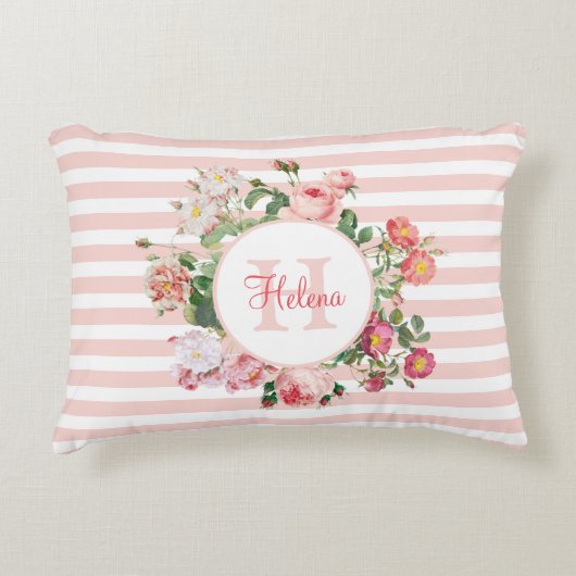ヴィンテージ花ピンクストライプ色モノグラム アクセントクッション (正面)