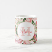 ヴィンテージ花ピンクストライプ色モノグラム コーヒーマグカップ (中央)